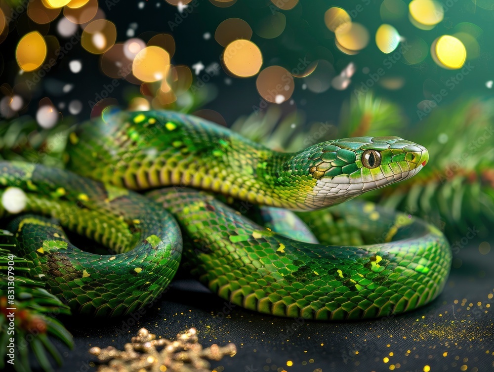 Fantastic green snake, new year celebration banner, bright festive background, greeting card with free space for text