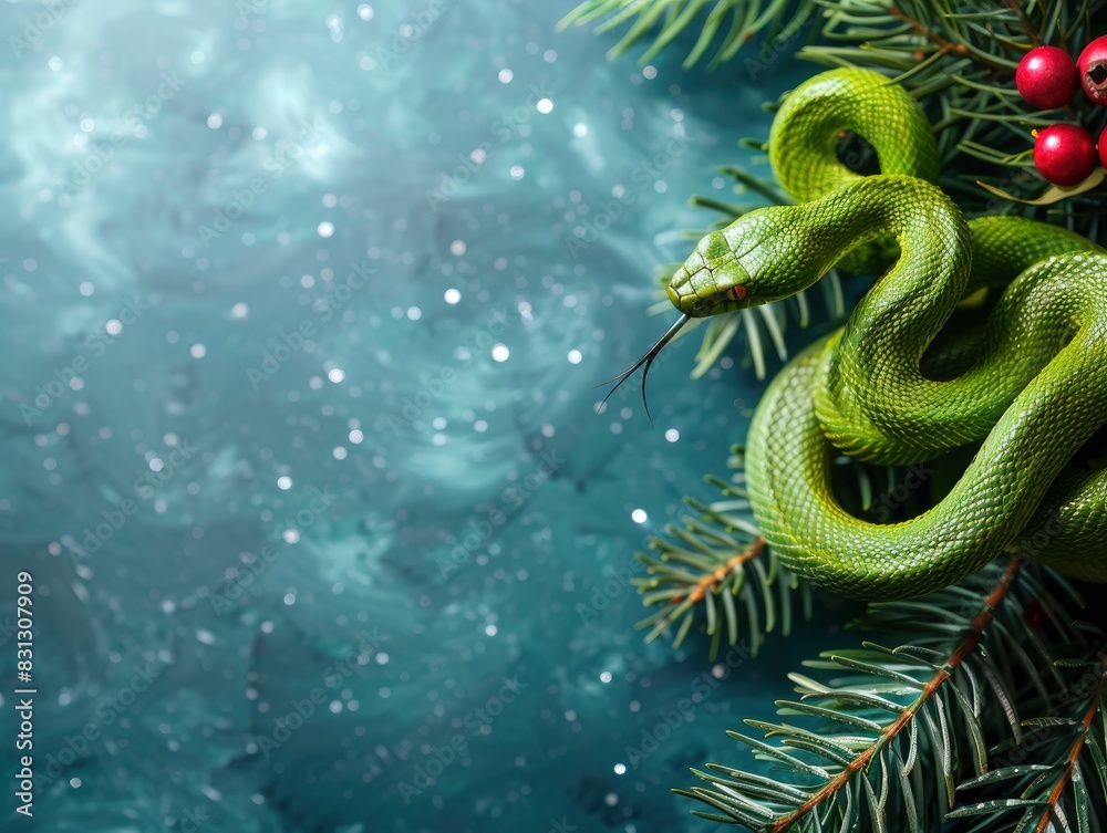 Fototapeta premium Fantastic green snake, new year celebration banner, bright festive background, greeting card with free space for text