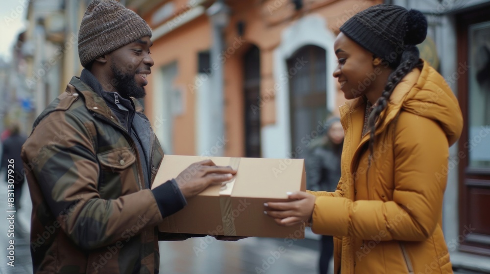 A man is handing a woman a box