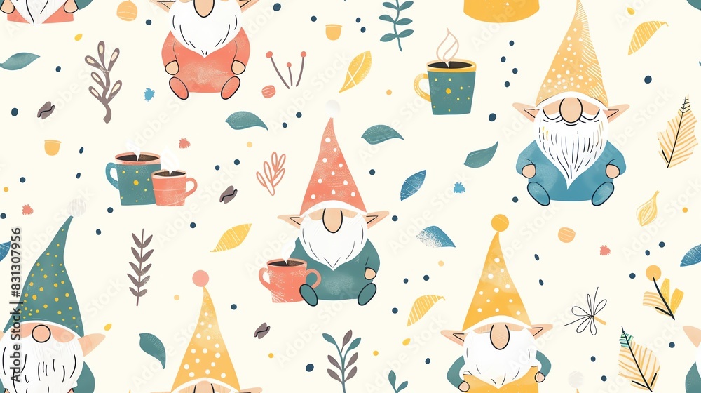 Pastel colors seamless pattern with gnomes enjoying coffee among doodled coffee cups, for a gentle and inviting style Pastel colors seamless pattern with gnomes enjoying coffee among doodled coffee cups, for a gentle and inviting style