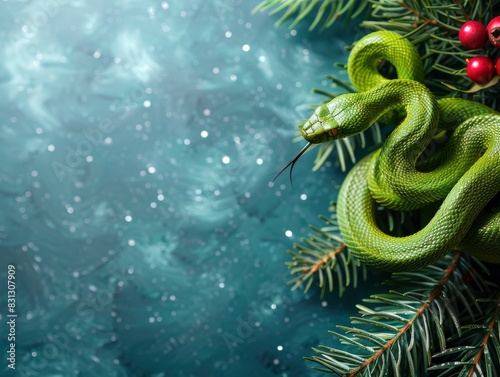 Fantastic green snake, new year celebration banner, bright festive background, greeting card with free space for text © shooreeq