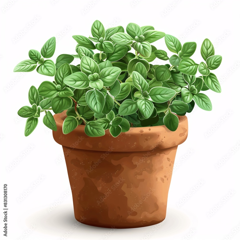 PNG illustration of a fragrant oregano plant with green leaves in a rustic clay pot on a white background PNG illustration of a fragrant oregano plant with green leaves in a rustic clay pot on a white background