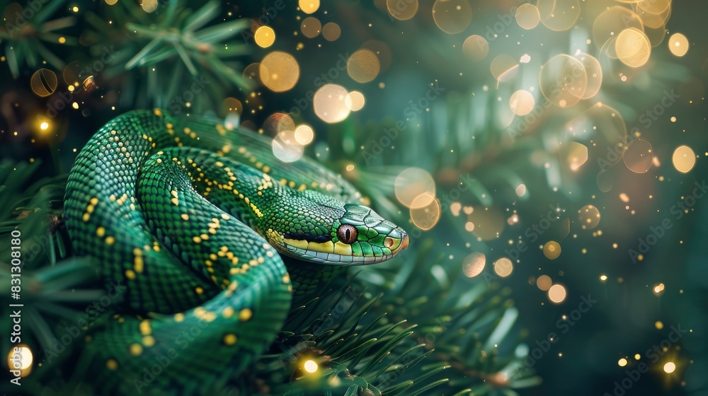 Green beautiful snake, new year celebration banner, light festive background, greeting card with free space for text Green beautiful snake, new year celebration banner, light festive background, greeting card with free space for text