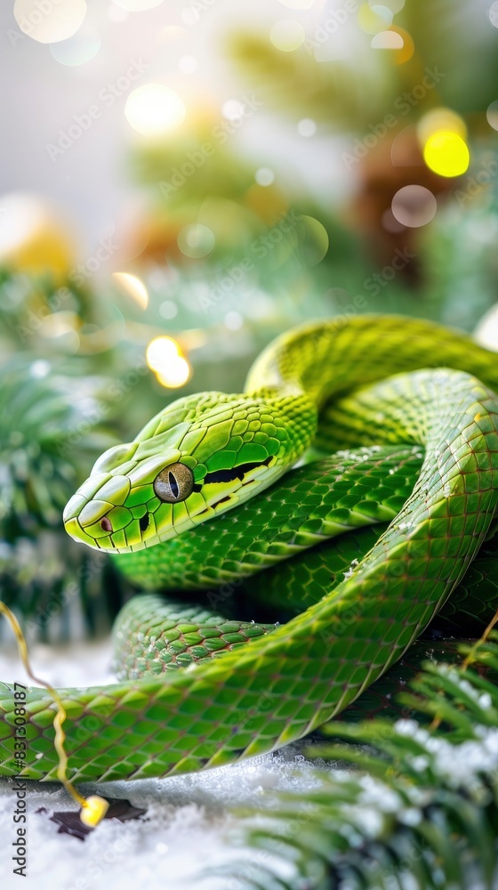 Fototapeta premium Green beautiful snake, new year celebration banner, light festive background, greeting card with free space for text