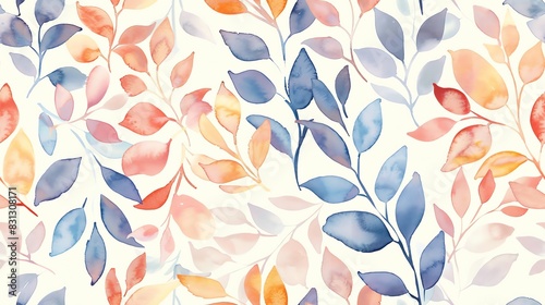 Seamless pattern of flat watercolor pastel leaves and floral branches, perfect for a gentle and artistic botanical theme