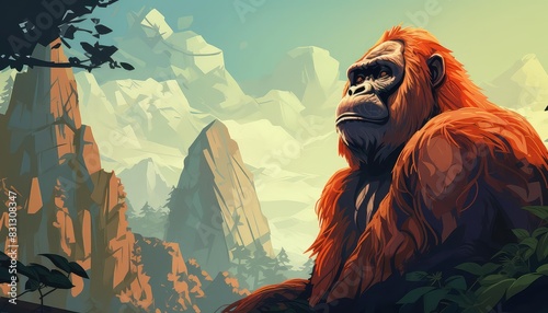 Orangutan in rainforest, flat design, side view, jungle theme, animation, Monochromatic Color Scheme photo