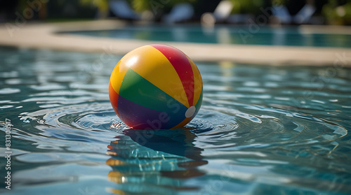 A colorful beach ball flowing on the water of a luxury swimming pool in summer season with copy space  background  wallpaper  