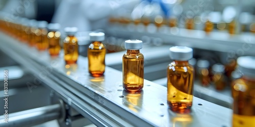 Closeup of medical ampoules on production line in pharmaceutical factory showcasing drug manufacturing process. Concept Pharmaceutical Manufacturing, Drug Production Line, Medical Ampoules