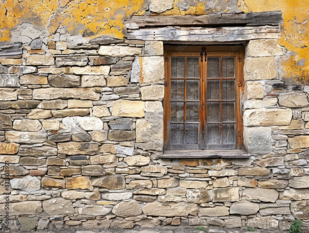 Rustic stone wall with an old building facade, leaving room for text or logos