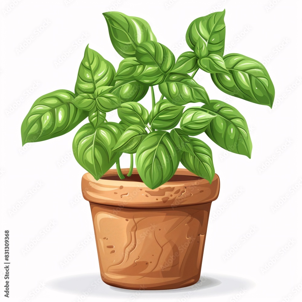 PNG illustration of a fragrant basil plant with green leaves in a rustic clay pot on a white background PNG illustration of a fragrant basil plant with green leaves in a rustic clay pot on a white background