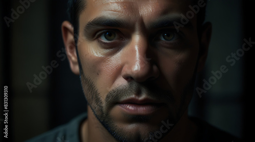 a close-up portrait of an imprisoned man behind the iron bars staring into the camera in a dark background
 photo