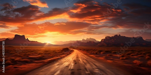 A photo of a desert road fading into a stunning sunset. Concept Picturesque Sunset  Desert Road  Nature Photography