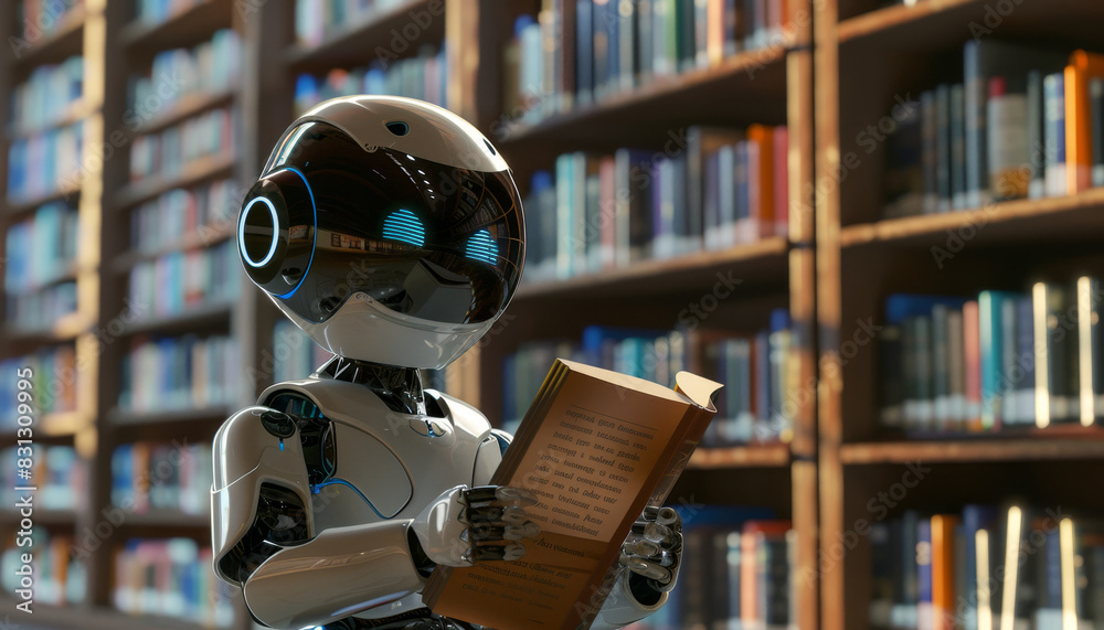 A robot is reading a book while sitting on a white surface by AI generated image A robot is reading a book while sitting on a white surface by AI generated image