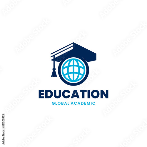 Education world vector logo template with globe and student hat symbol. Global Education Logo Design Template.
