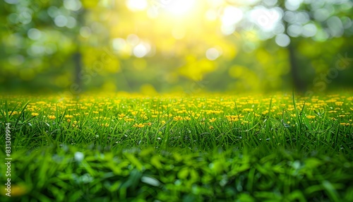 Serene morning landscape with vibrant greenery and blossoms. natural spring summer background, Juicy young green grass and wild yellow flowers on the lawn outdoors in morning