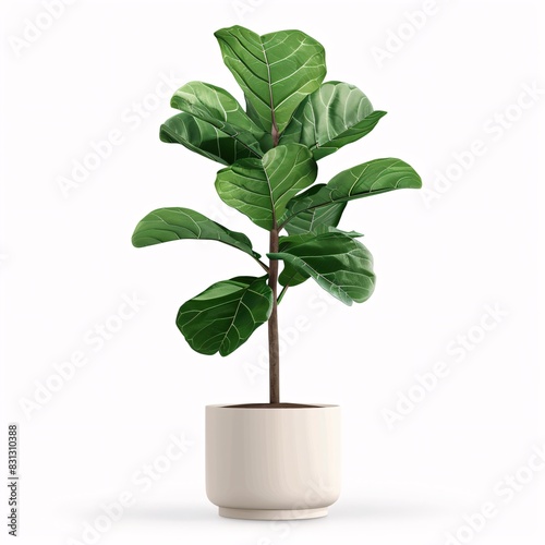 PNG illustration of a tall fiddle leaf fig with broad green leaves in a white planter on a white background