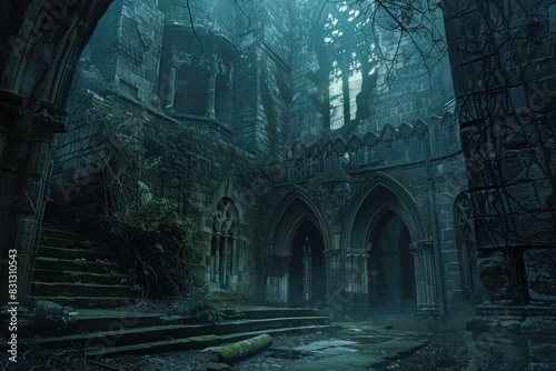 Eerie view of an old gothic cathedral ruins shrouded in mist and overgrown with ivy under moonlight