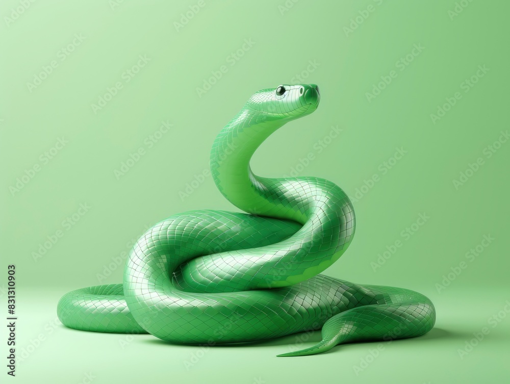 Fototapeta premium Green snake, 3D minimalism style, new year celebration, festive background, greeting card with free space for text