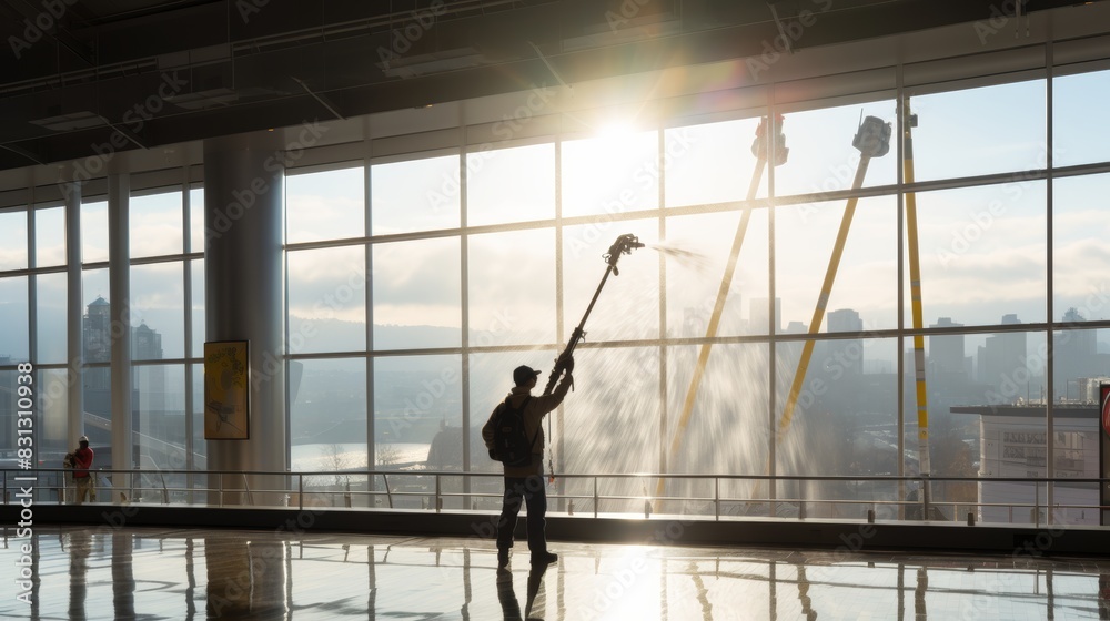 Skilled professional window cleaner meticulously cleaning transparent windows for pristine results Skilled professional window cleaner meticulously cleaning transparent windows for pristine results