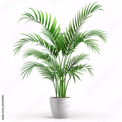 PNG illustration of a tall areca palm with feathery green fronds in a stylish planter on a white background