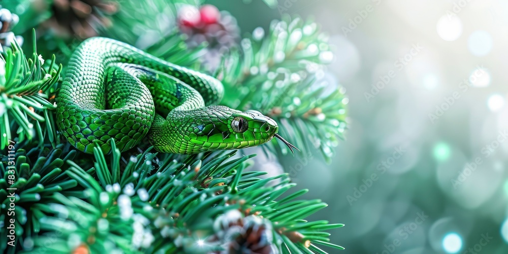 Green snake, new year celebration banner, christmas decoration, bright festive background, greeting card with free space for text Green snake, new year celebration banner, christmas decoration, bright festive background, greeting card with free space for text