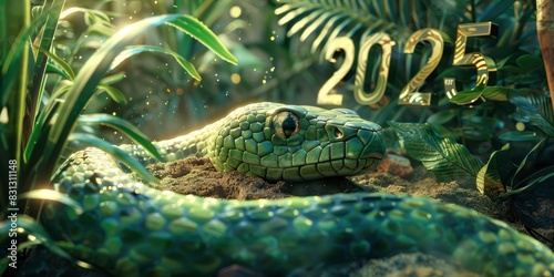 Green snake and big text  2025  on the background  festive atmosphere  saturated colors
