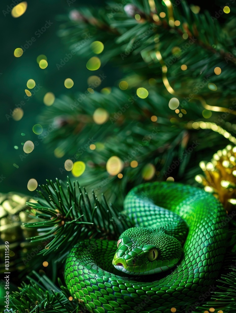 Green snake, new year celebration banner, festive background, greeting card with free space for text Green snake, new year celebration banner, festive background, greeting card with free space for text