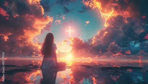A woman is standing in a field with a cross in the sky above her by AI generated image