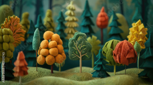 Handcrafted felt woodland scene. Vibrant miniature green trees in various shapes. Artistic forest diorama for storytelling. Textured felt nature, wood background. Colorful felt art. Diy handmade art.