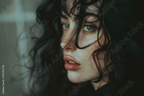 Closeup of a woman with dark curly hair and captivating eyes