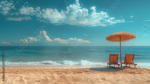 Tranquil Morning at a Sandy Beach With Two Lounge Chairs and Umbrella