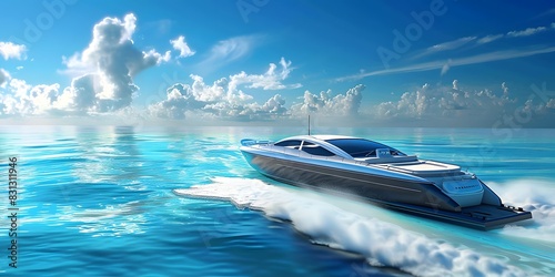 Contemporary speedboat navigating idyllic tropical seascapes. photo