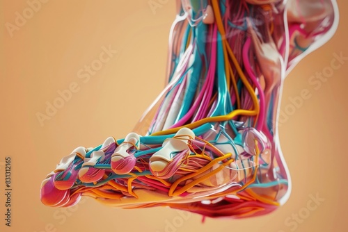 A highly detailed 3D rendered image showcasing the intricate anatomy of the human foot, highlighting bones, muscles, tendons, and ligaments in vivid colors against a neutral background photo