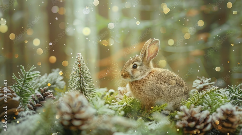 Green toned Christmas & New Year banner with beautiful decorations, gifts, Christmas tree in forest, cute bunny, blank space for text, magical atmosphere Green toned Christmas & New Year banner with beautiful decorations, gifts, Christmas tree in forest, cute bunny, blank space for text, magical atmosphere
