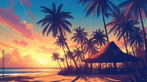 A picturesque scene unfolds in this digital illustration capturing the charm of a coconut palm forest with a quaint leaf roofed hut beneath a silhouette of palm trees against the evening sky photo