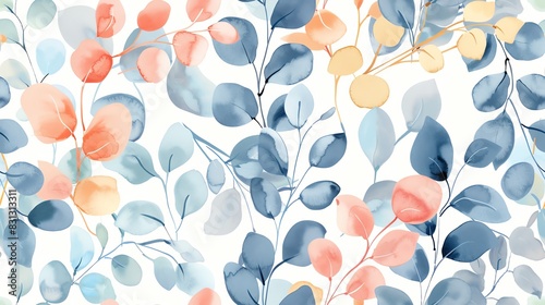 Seamless pattern of flat watercolor pastel leaves and floral branches, perfect for a gentle and artistic botanical theme