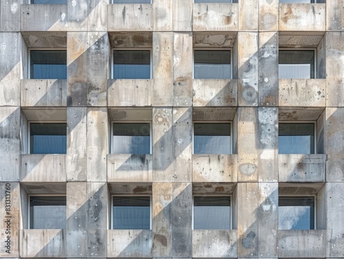 High-angle view of a modern concrete building facade with exposed aggregate panels. Geometric patterns and a sense of scale.