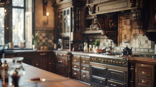Classic European style kitchen featuring dark wood cabinetry  antique fixtures  and rustic decor. Sunlight streams through the windows  illuminating the room and highlighting intricate details.