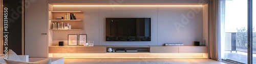 luxurious minimalist living room with an emphasis on clean lines and high functionality photo