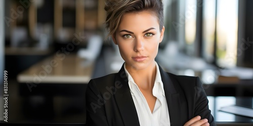 Confident Young Businesswoman with Short Black Undercut Hairstyle Poses in Office. Concept Professional Headshots, Business Attire, Modern Office Decor, Short Hairstyle ideas photo