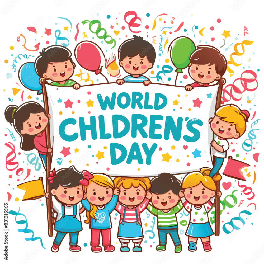 World Children's Day a group of children's holding a celebration banner flat color vector art illustration World Children's Day a group of children's holding a celebration banner flat color vector art illustration