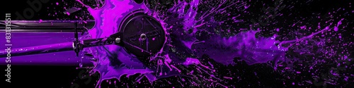 Rowing machine in a royal purple splash isolated on a dark background, paint splash explosion banner with copy space photo