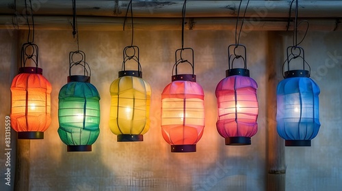  Colorful lanterns hanging from a wall photo