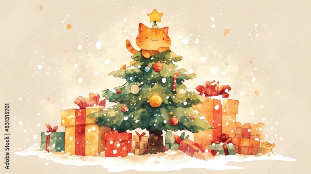 A charming hand drawn watercolor cartoon pattern captures the essence of the winter holiday season with its festive Christmas tree and cozy atmosphere A brown cat sits atop a Christmas gift 
