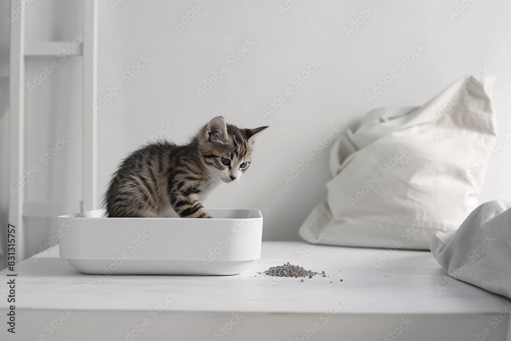 Kitten using a litter box in a minimalist white home interior, capturing the simplicity and cleanliness of modern pet care Kitten using a litter box in a minimalist white home interior, capturing the simplicity and cleanliness of modern pet care