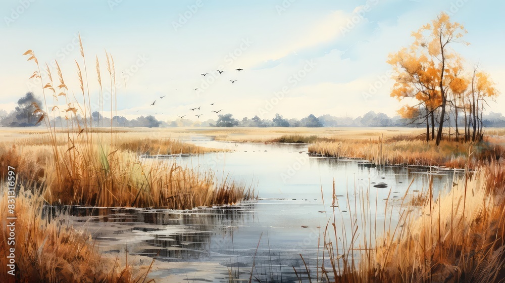 Wetland habitat with reeds, flat design, front view, marsh theme, watercolor, colored pastel Wetland habitat with reeds, flat design, front view, marsh theme, watercolor, colored pastel