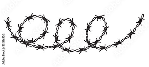 Twisted barbed wire silhouettes set in rounded and square shapes. Vector illustration of steel black wire barb fence frames. Concept of protection, danger or security photo