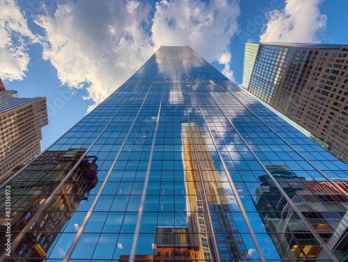 Low-angle view of a towering skyscraper facade made of reflective glass. Distorted reflections of the sky and surrounding buildings.