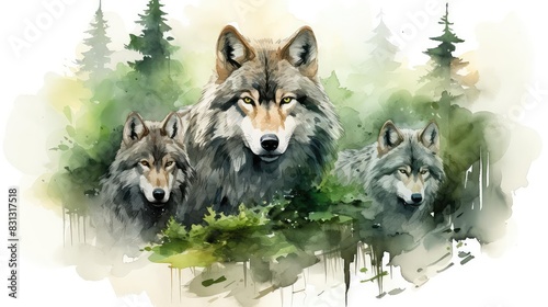 Wolf pack in forest, flat design, top view, woodland theme, watercolor, vivid photo