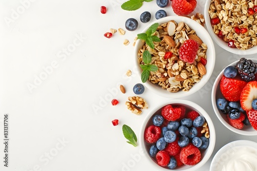 Healthy Breakfast with Granola  Fruits  and Nuts on White Background